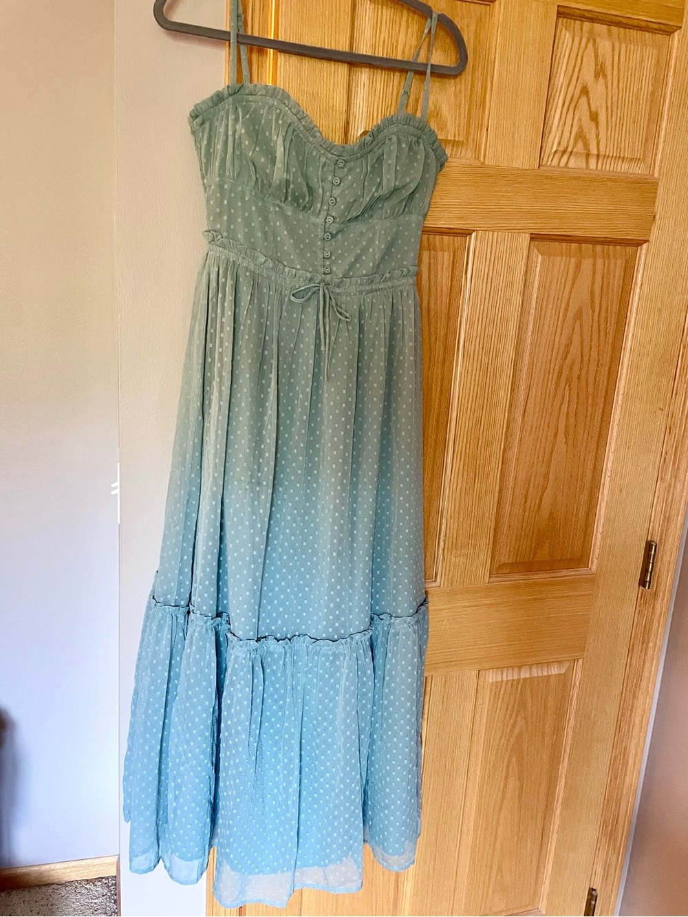 Sage Green Ruffle + Polka Dot Tiered Maxi Dress